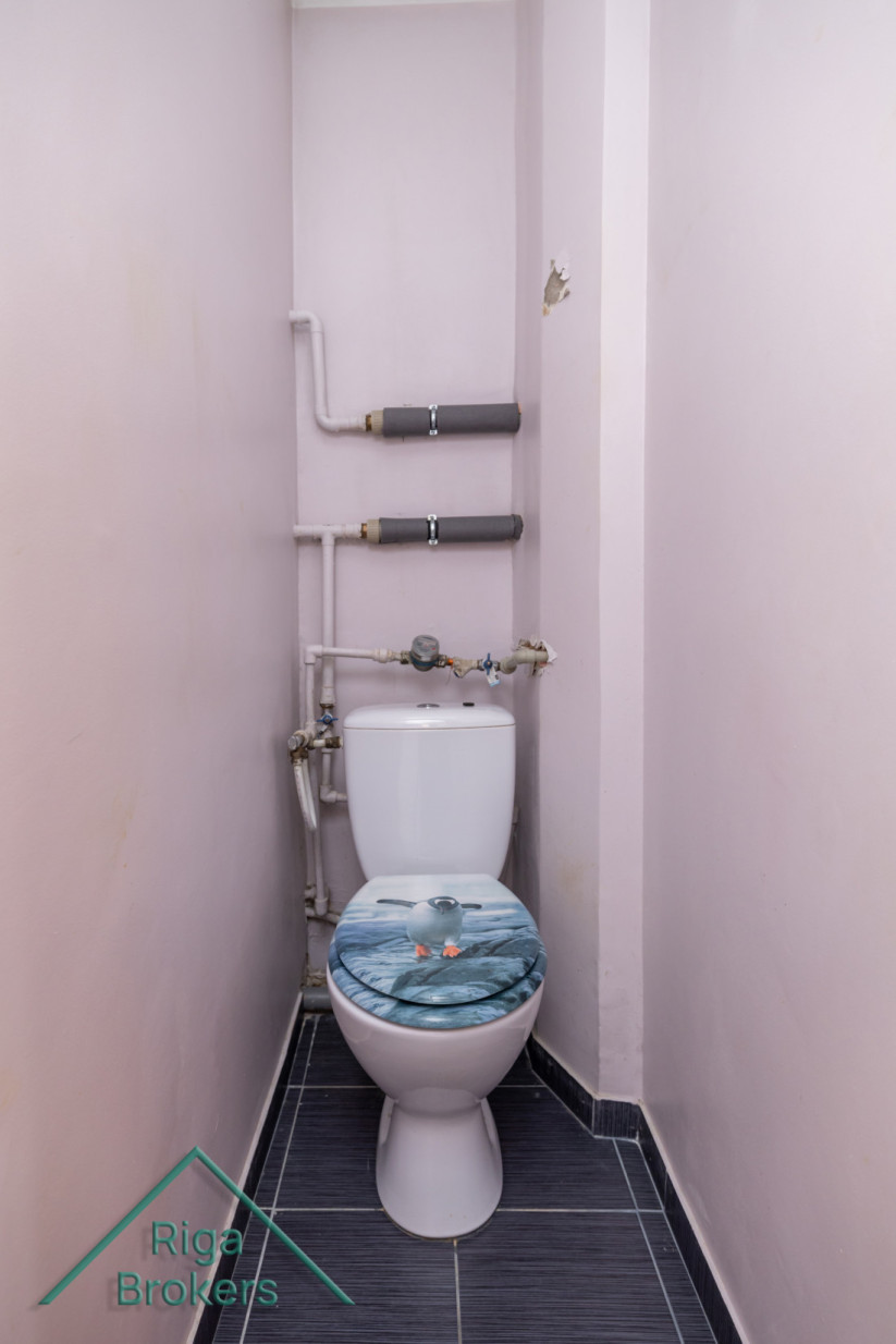 Toilet with white wall pipes.